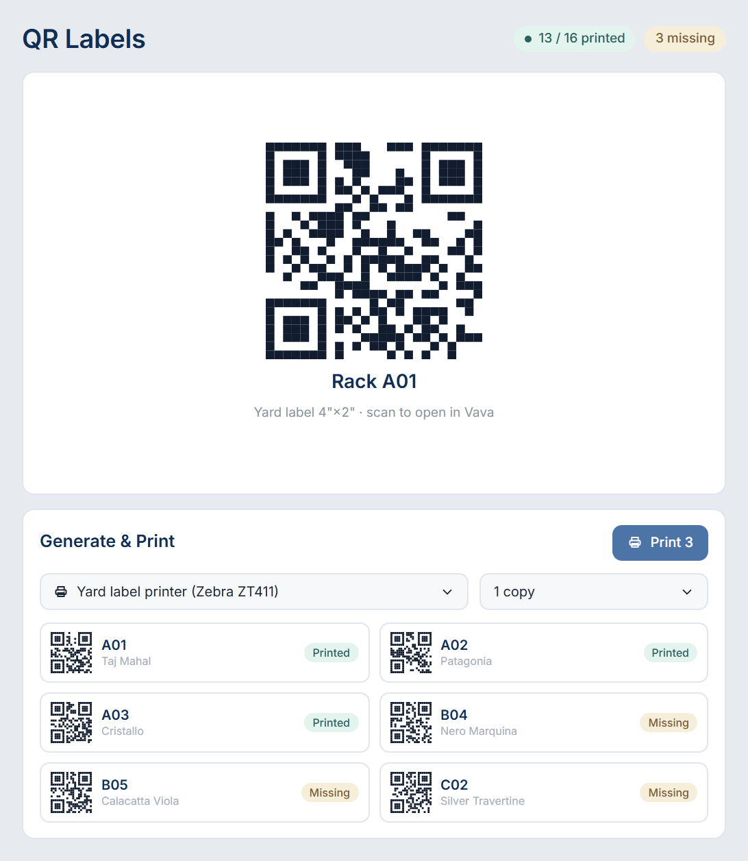 QR label generator showing a printable rack label preview and a queue of generated QR codes ready to send to the label printer.