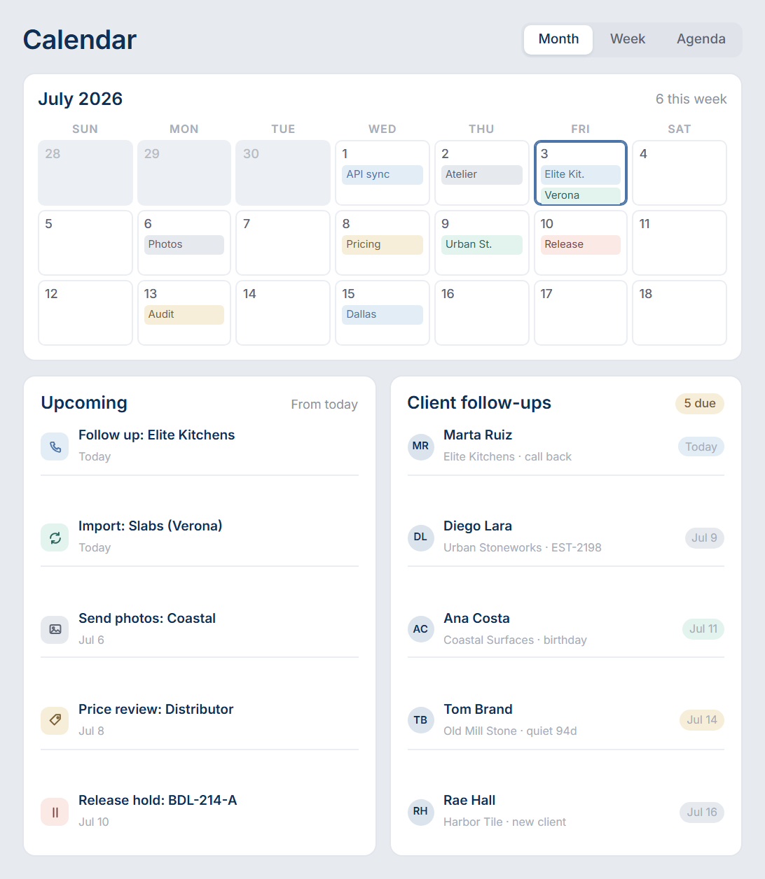Shared calendar with scheduled imports, follow-ups and holds, and an upcoming task list beside it.